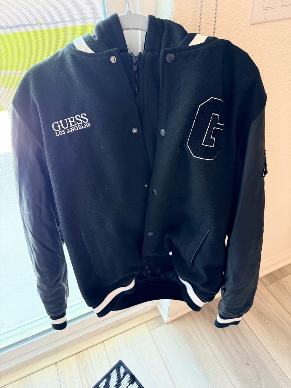 GUESS Black Varsity Bomber Jacket with Hood